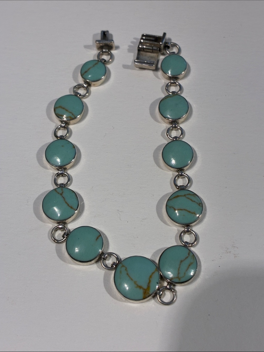 Turquoise Stone Link Bracelet - Mexican 925.  7 Inches